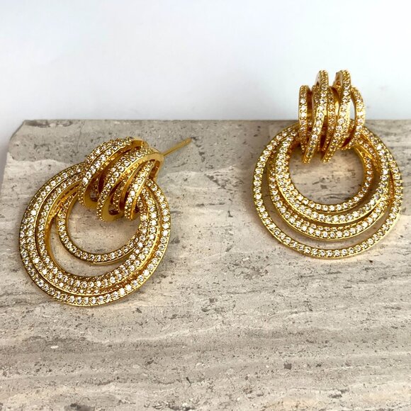 NEW~ Anthropologie Shashi Roux Gold & Cubic Zirconia Door Knocker Earrings - Picture 6 of 12